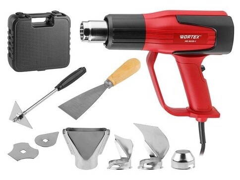 Термовоздуходувка WORTEX HG 6020-1 в чем. + набор сопл 2000 Вт, 2 скор., 350-600 °С (Ступенч. рег., 300-500 л/мин) 