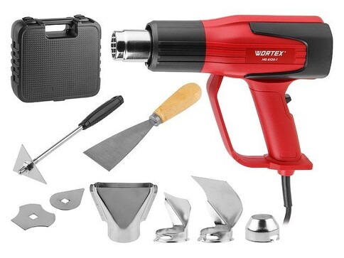 Термовоздуходувка WORTEX HG 6120-1 в чем. + набор сопл 2000 Вт, 2 режима, 60-600 °С, LCD (Плавная рег., 2 режима: 60°С, 300-500 л/мин, 60-600°С, 300-5 