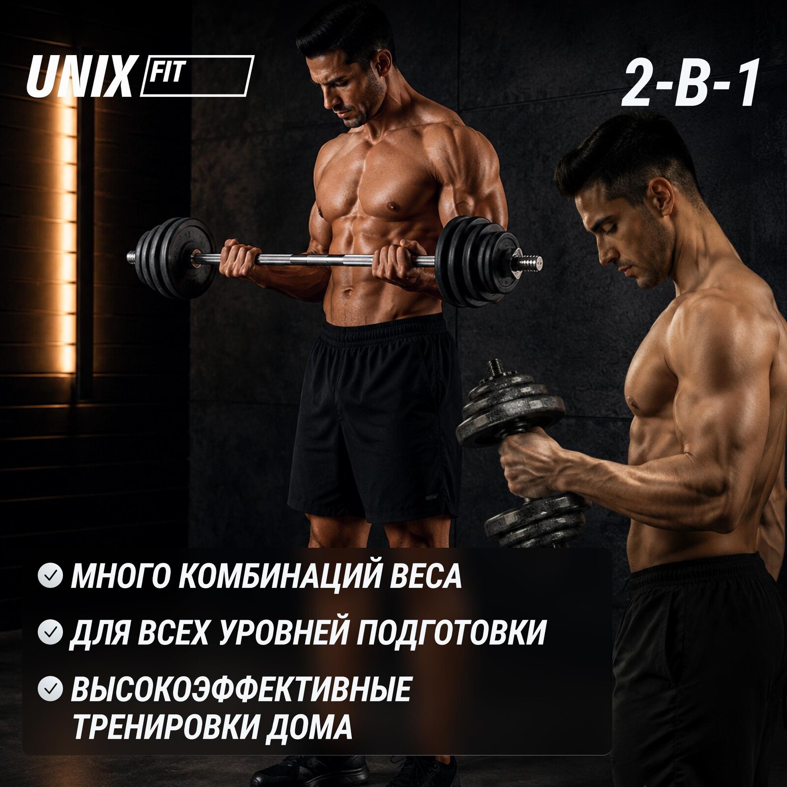 Набор гантелей и штанга UNIX Fit в кейсе 50 кг