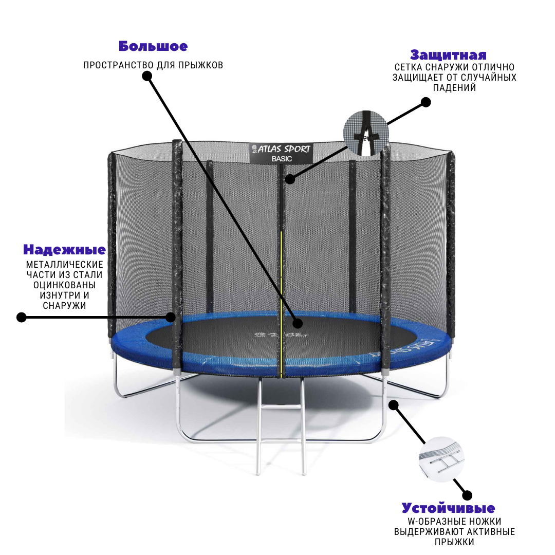 Батут Atlas Sport 252 см (8ft) BASIC с лестницей BLUE