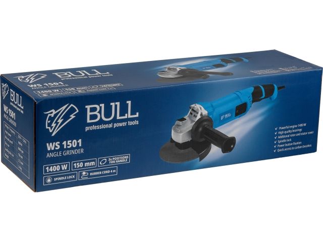 Двуручная углошлифмашина BULL WS 1501 в кор. 150 мм, 1400 Вт, 8400 об/мин, пылезащ., 4м кабель (3.4 кг, М14)