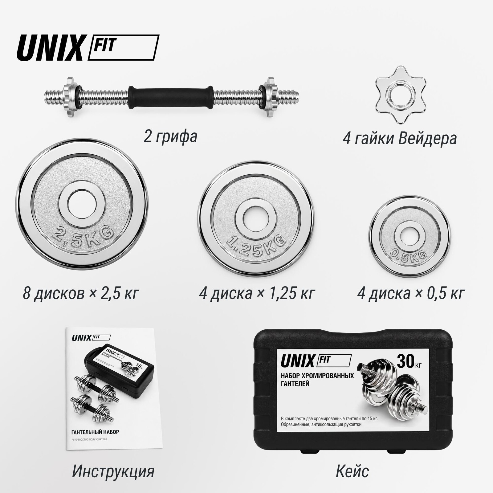 Набор гантелей UNIX Fit в кейсе 30 кг