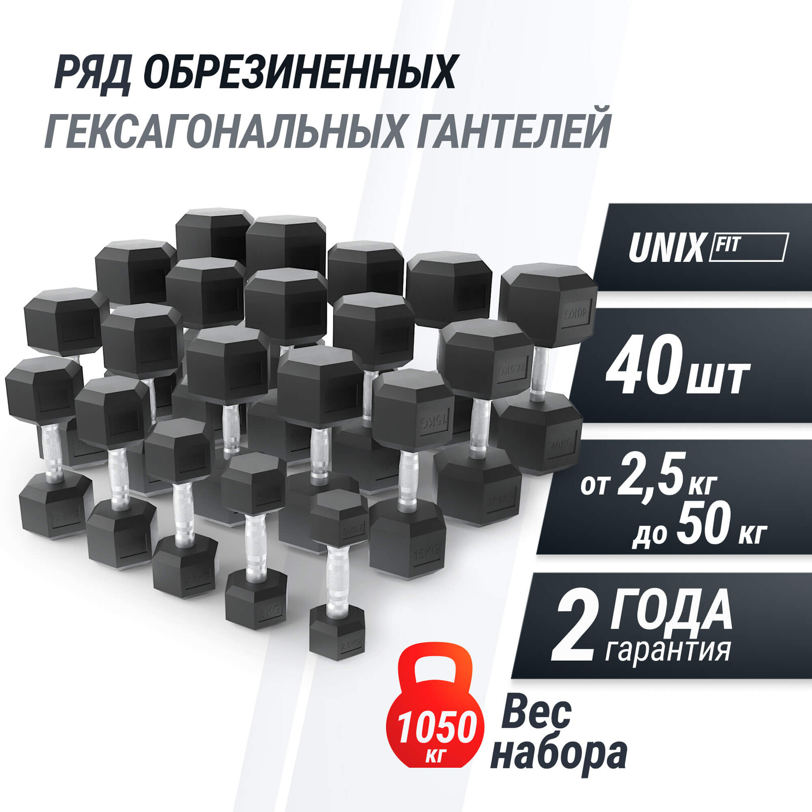 Ряд гантелей гексагональных UNIX Fit обрезиненные от 2,5 до 50 кг