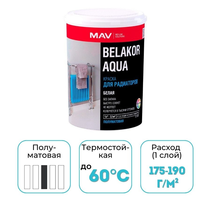 Краска MAV Belakor Aqua для радиаторов белая полуматовая 1 л