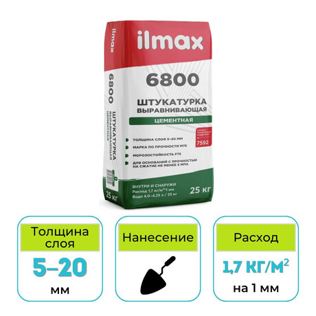 Штукатурка цементная выравнивающая ilmax 6800 25 кг