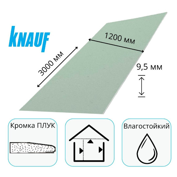 Гипсокартон 3000х1200х9,5 мм H3-ПЛУК влагостойкий Кнауф